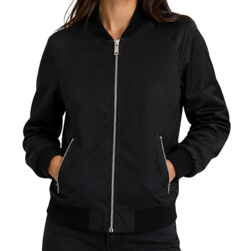 Karl Lagerfeld Black Mixed Media Texture Bomber Jacket Women's Medium